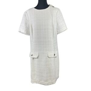 H&M Tweed Shift Dress Short Sleeve White Textured Fringe Button Pockets Womens L